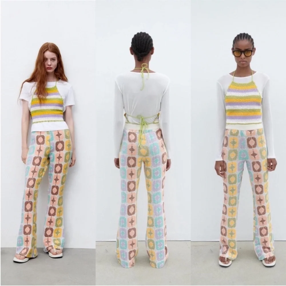 Zara Pastel Multicolor Patterned Boot Cut Pants